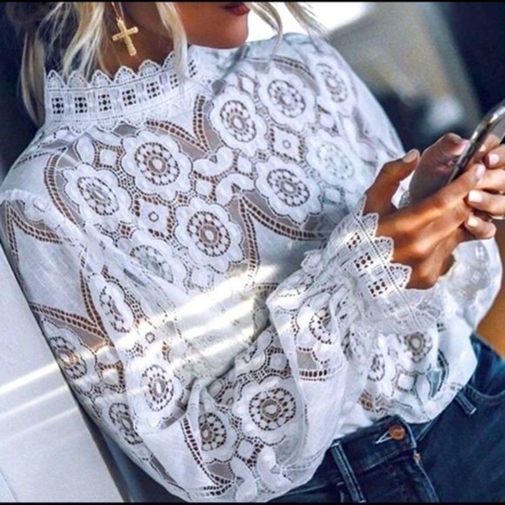 White Lace See through Bohemian Long Sleeve Shirt - Picture 1 of 16